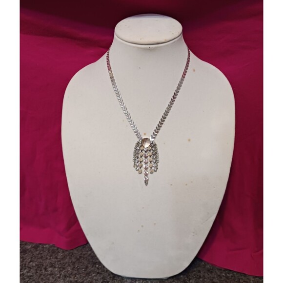 Express Jewelry - Vintage Express Silver Necklace Chevron Herringbone Chain Rhinestone Waterfall